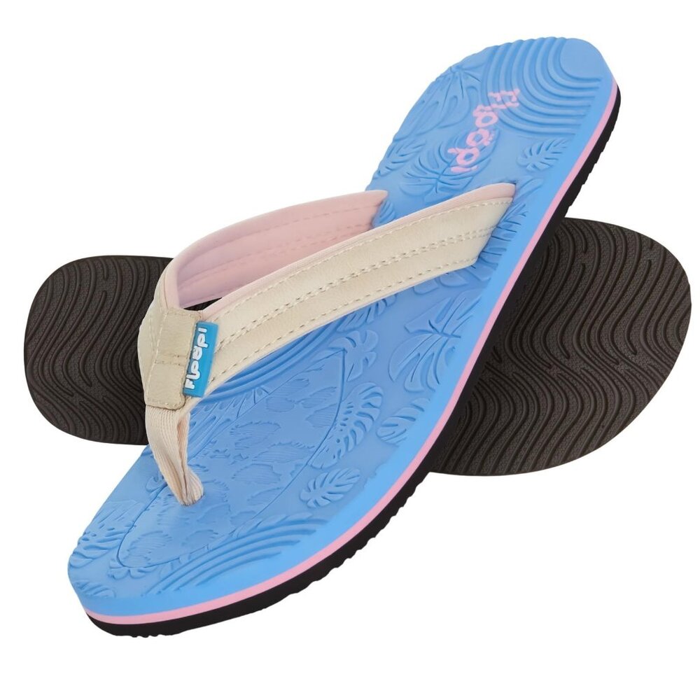 NWT Floopi Women Durable EVA Floral Textured Flip Flops Blue 6M
